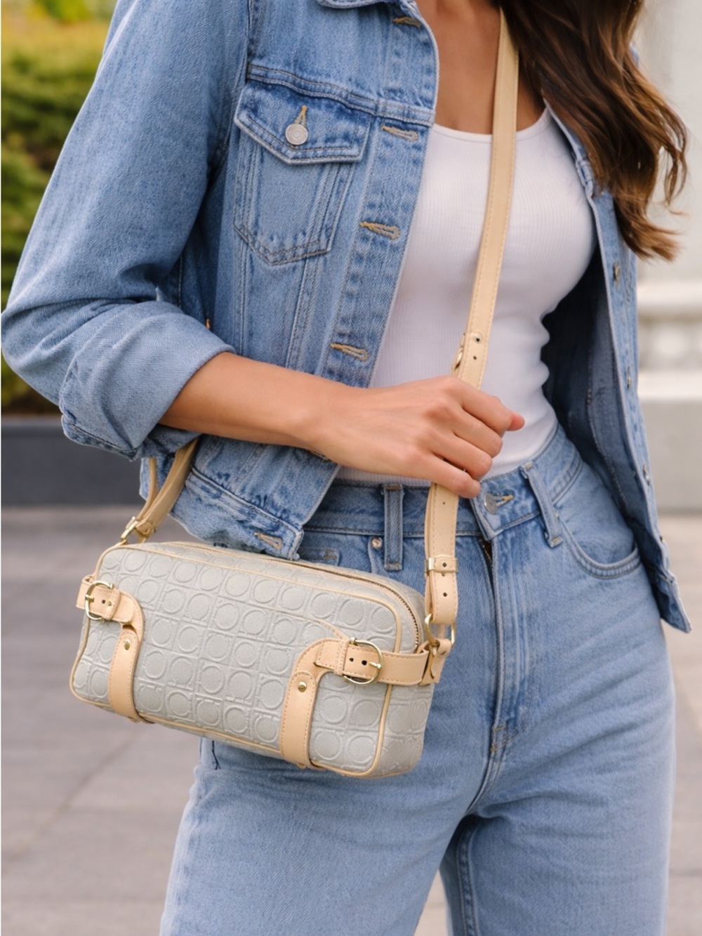 Salvatore Ferragamo Gancini Embossed Crossbody Bag – Light Gray & Beige